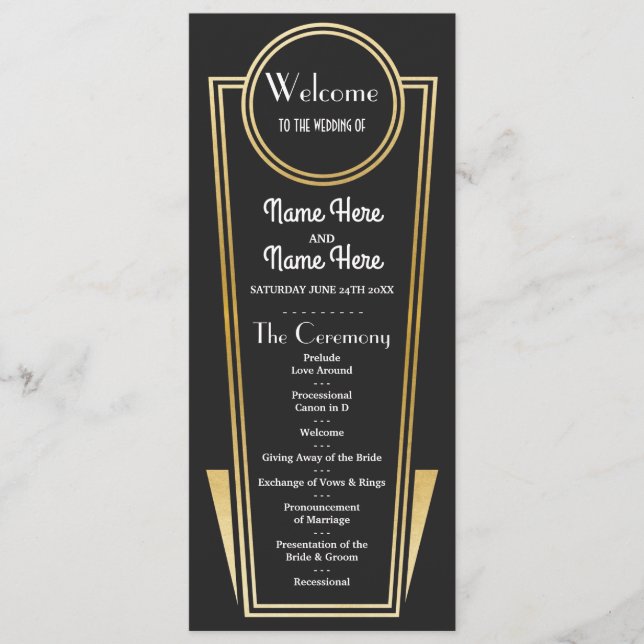 Gatsby Black & Gold Art Deco 1920s Wedding Program (Front)
