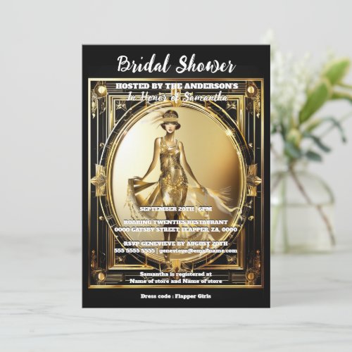 Gatsby black gold flapper girl shiny 1920s glam  invitation