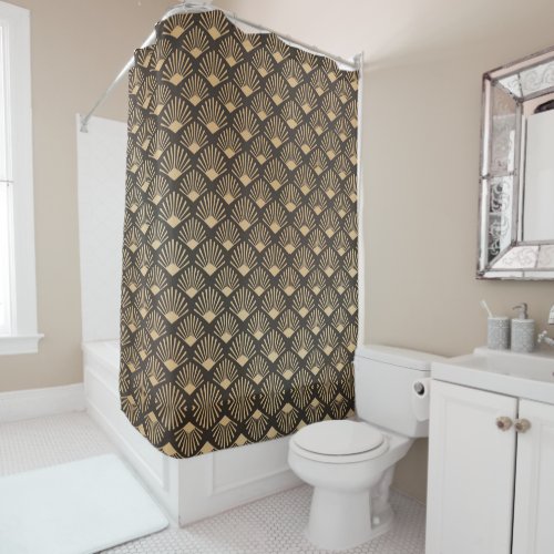 Gatsby Fan Geometric Pattern Gold And Black Shower Curtain