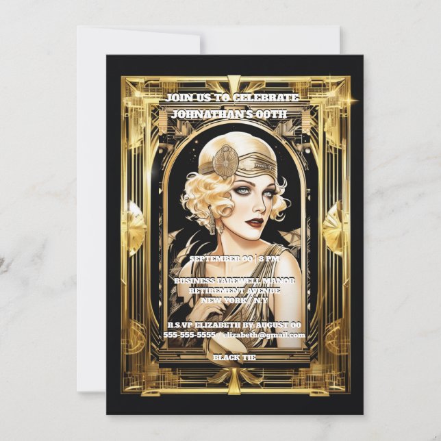 Gatsby Flapper girl blonde black tie event Invitation (Front)