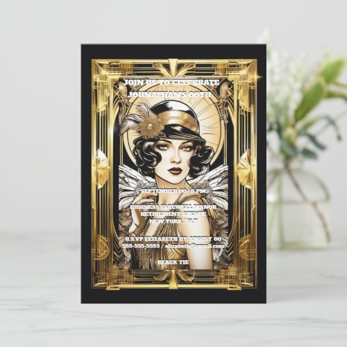 Gatsby flapper girl dark hair black gold event invitation