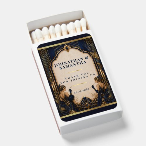 Gatsby flapper girls blue gold favor matchboxes