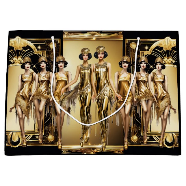 Gatsby flapper girls gold black theme event large gift bag (Front)