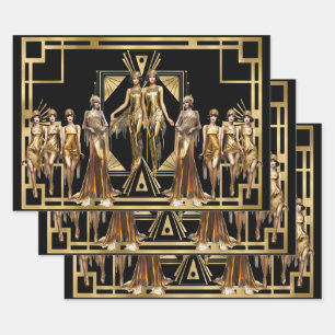 Gatsby flapper girls gold black theme event wrapping paper sheets