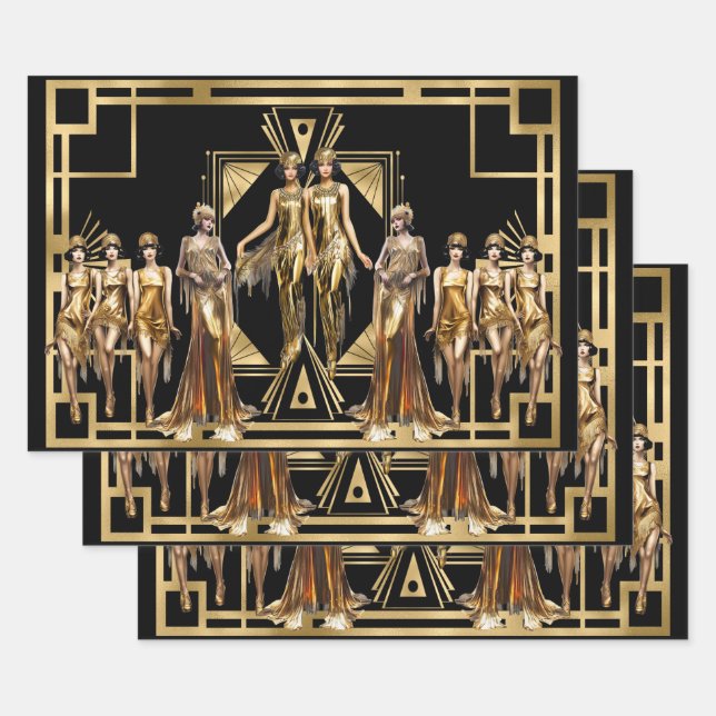 Gatsby flapper girls gold black theme event wrapping paper sheets (Set)