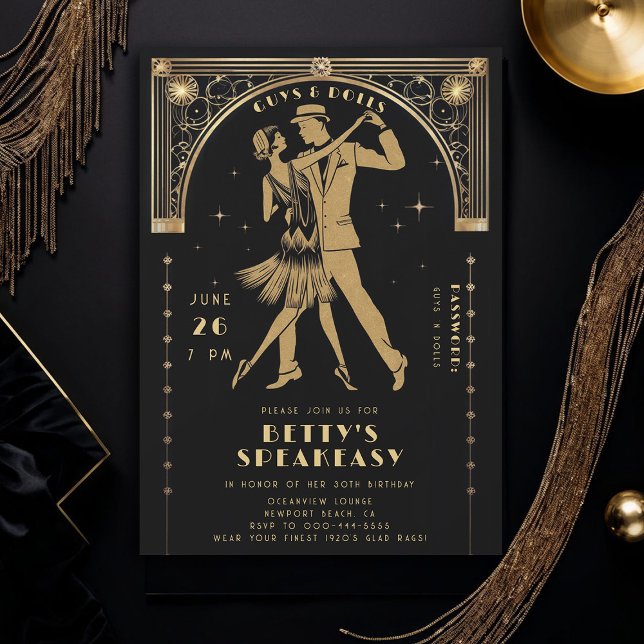 Gatsby Flapper Speakeasy Roaring 20s Deco Birthday Invitation (roaring 20s speakeasy gatsby flapper dance dancing couple gold black deco adult birthday invite)