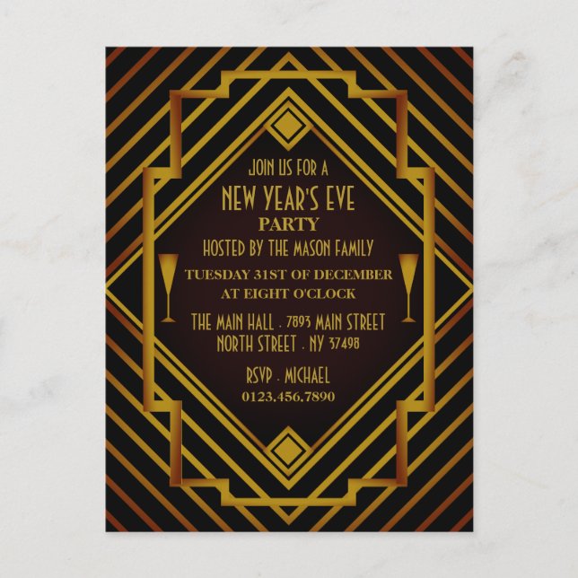 Gatsby Gold 1920's New Year Party Invitation Postcard (Front)