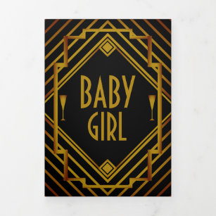 Gatsby Gold 2020's , 5 Photo Collage Baby Birth Tri-Fold Announcement