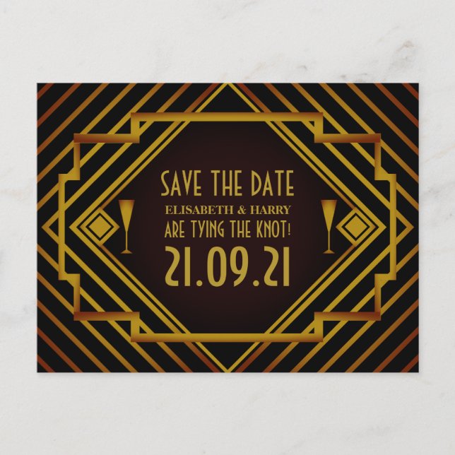 Gatsby Gold 2020's Wedding Save The Date Announcement Postcard (Front)
