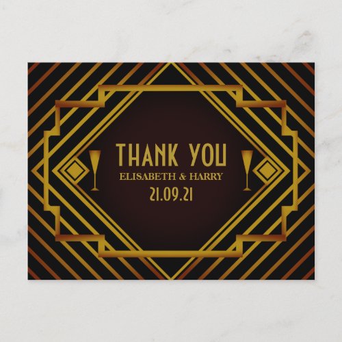 Gatsby Gold 2020s Wedding Thank You Postcard