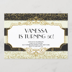 Gatsby Gold Black Glitter 50th Birthday Invitation