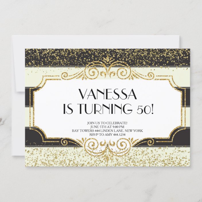 Gatsby Gold Black Glitter 50th Birthday Invitation 