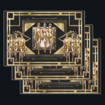 Gatsby gold Flappers black retro 1920's decoupage Wrapping Paper Sheets<br><div class="desc">Vibrant faux gold geometric art deco style frames have beautiful tall and slender Flapper girls against them. The girls are wearing short and long faux satin figure-hugging dresses that appear to shimmer and shine against the black and white background. Each sheet has the same background with a different Flapper graphic...</div>