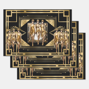 Gatsby gold Flappers black retro 1920's decoupage Wrapping Paper Sheets