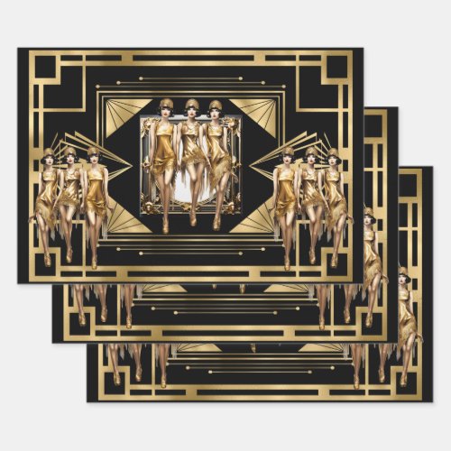 Gatsby gold Flappers black retro 1920s decoupage Wrapping Paper Sheets