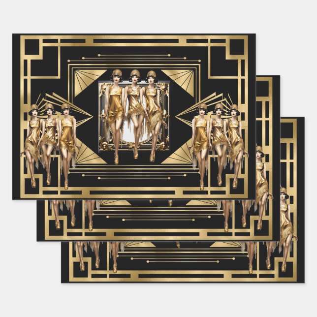 Gatsby gold Flappers black retro 1920's decoupage Wrapping Paper Sheets (Set)