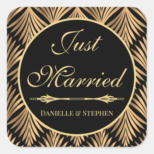 Gatsby Just Married Black Gold Art Deco Wedding Square Sticker