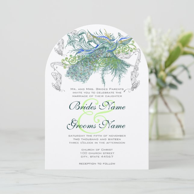 Gatsby Musical Peacock Vintage Love Birds Invitation (Standing Front)