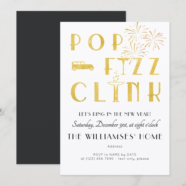 Gatsby Pop Fizz Clink Art Deco New Years Eve Party Invitation (Front/Back)