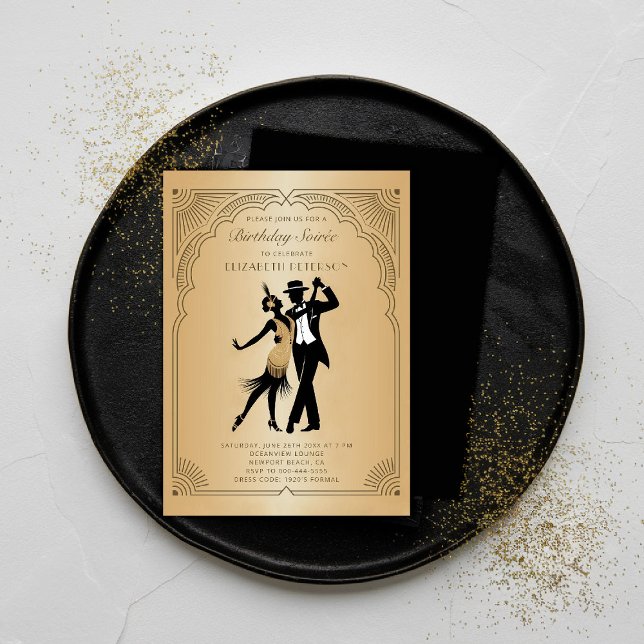 Gatsby Roaring 1920 Deco Gold Flapper Birthday Invitation (gatsby party invitation roaring 1920s art deco gold flapper frame elegant classy business corporate )