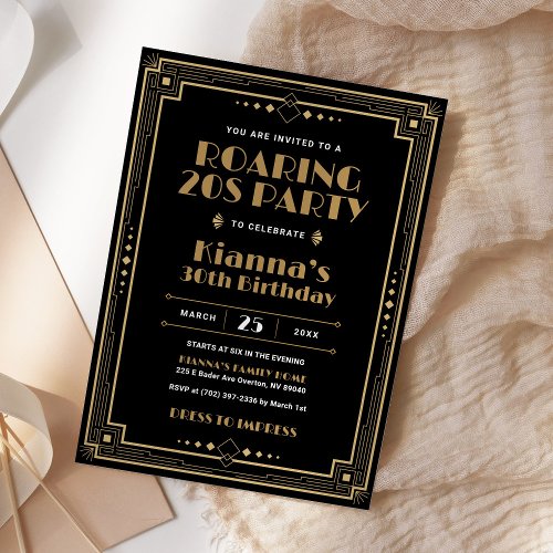 Gatsby Roaring 20s Art Deco Birthday Black Gold Invitation