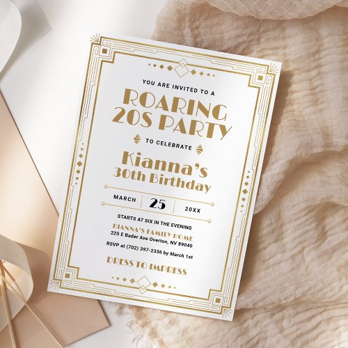 Gatsby Roaring 20s Art Deco Birthday White Gold Invitation