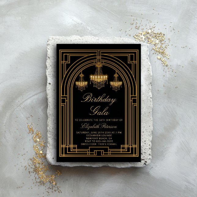 Gatsby Roaring 20s Deco Chandeliers Gold  Birthday Invitation (gatsby party invitation roaring 1920 twenties prohibition deco chandeliers elegant ball event)