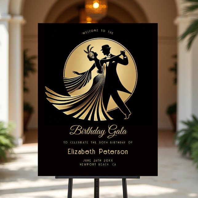 Gatsby Roaring 20s Deco Prohibition Party Welcome Foam Board (gatsby party decor welcome sign dancing couple black gold elegant classy roaring 20s deco)