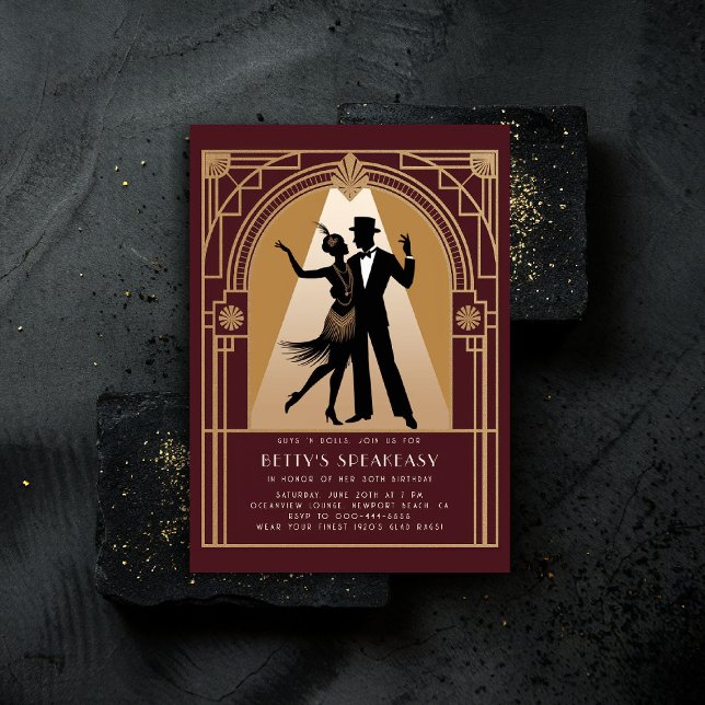 Gatsby Speakeasy 1920s Deco Gold Burgundy Birthday Invitation (gatsby party invitation speakeasy roaring 1920s twenties nouveau deco flapper dance burgundy)