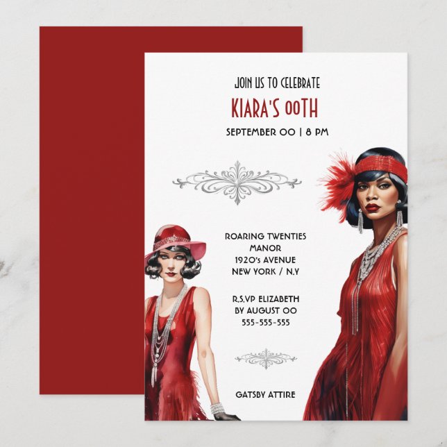 Gatsby theme red black flapper girls melanin white invitation (Front/Back)