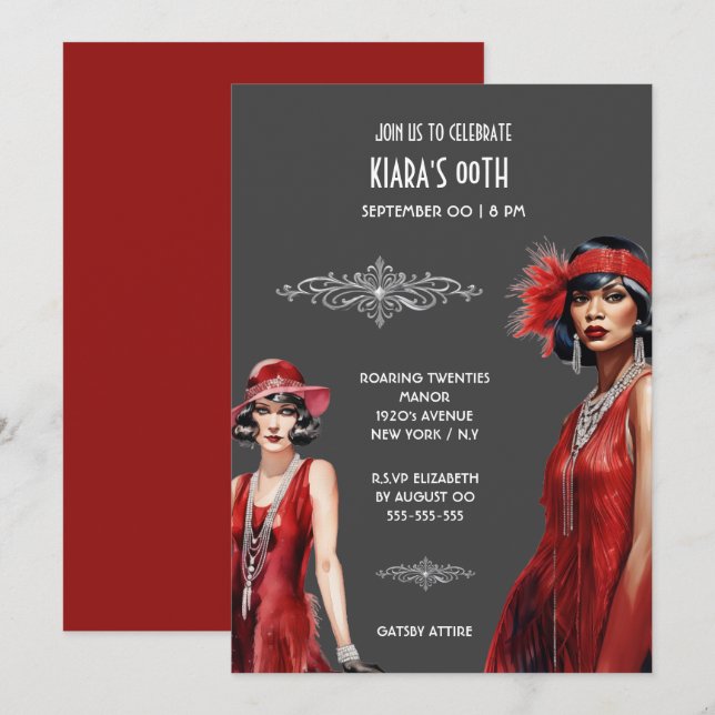 Gatsby theme red gray flapper girls melanin white invitation (Front/Back)