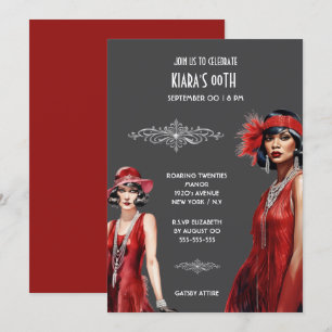 Gatsby theme red gray flapper girls melanin white invitation