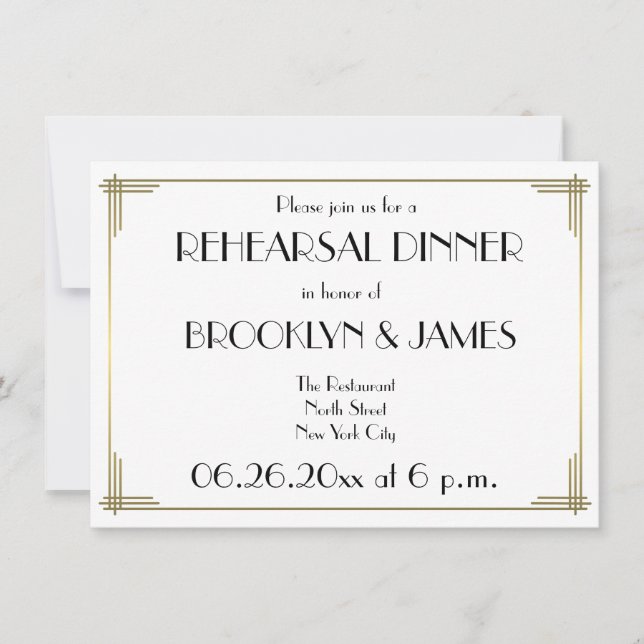 Gatsby White Art Deco Wedding Rehearsal Invites (Front)