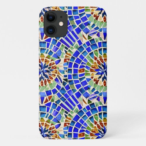 Gaudi Inspired Blue Round Shapes Mosaic Pattern iPhone 11 Case