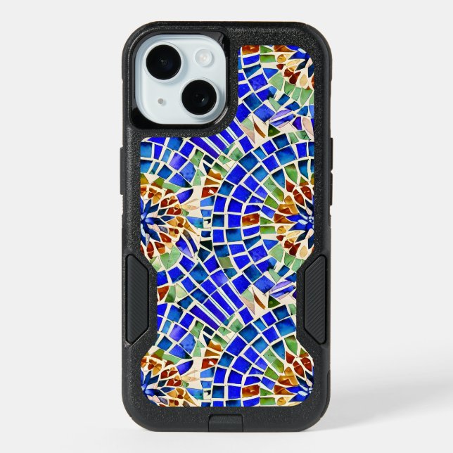 Gaudi Inspired Blue Round Shapes Mosaic Pattern iPhone 15 Case (Back)