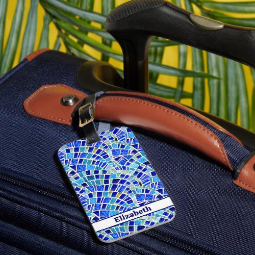 Gaudi Inspired Blue Wave Mosaic Pattern Luggage Tag