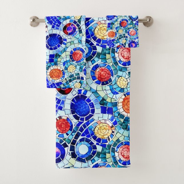 Gaudi Inspired Multicolor Mosaic Pattern Bath Towel Set (Insitu)