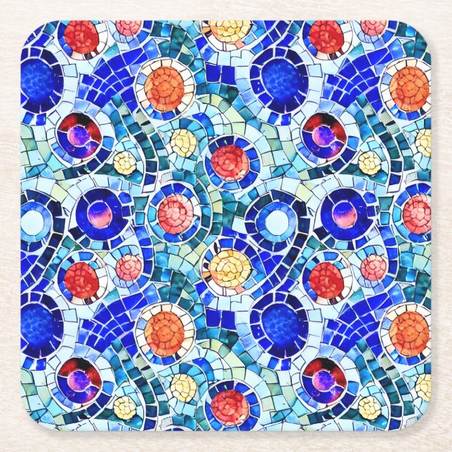 Gaudi Inspired Multicolor Mosaic Pattern Square Paper Coaster (Front)