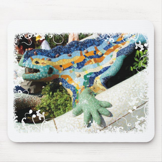 Gaudi Lizard - white floral mousepad (Front)