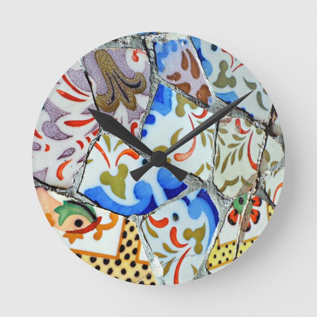 Gaudi's Park Guell Mosaic Tiles Round Clock (Front)