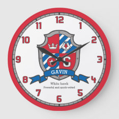 Gavin Boys Name Meaning Heraldry Shield Bird Large Clock at Zazzle