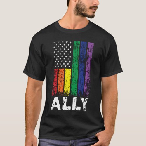 Gay Ally USA Patriotic Rainbow Flag Gay Pride 4th  T_Shirt