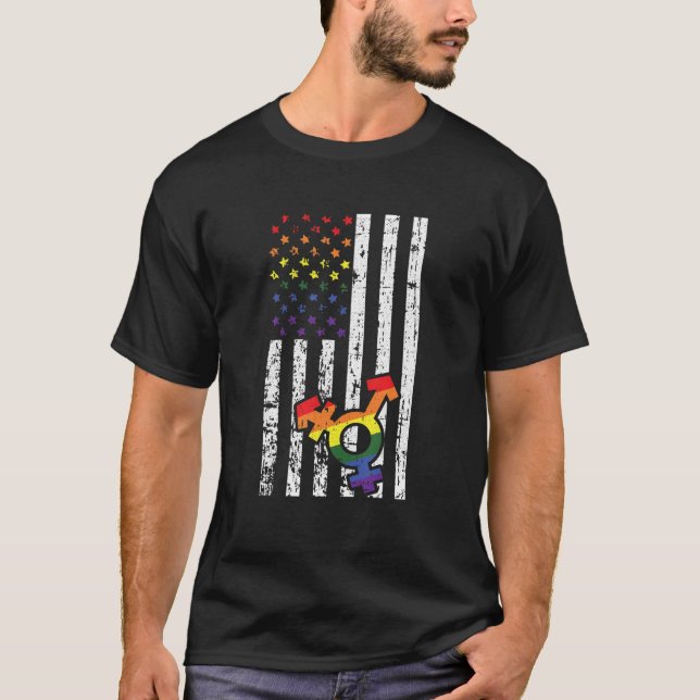 Gay American Flag Rainbow Pride Proud LGBTQ Ally P T-Shirt (Front)
