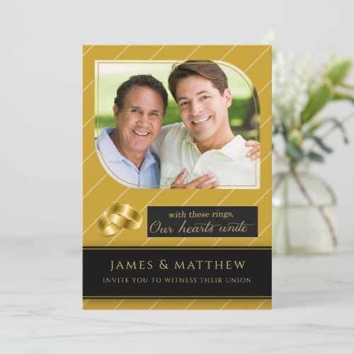 Gay and Lesbian Gold Pinstripe Photo Wedding Invitation