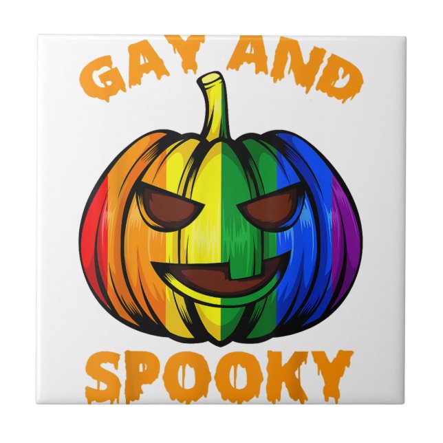 Gay And Spooky Halloween Rainbow Pumpkin LGBTQ+ Ga Ceramic Tile (Front)