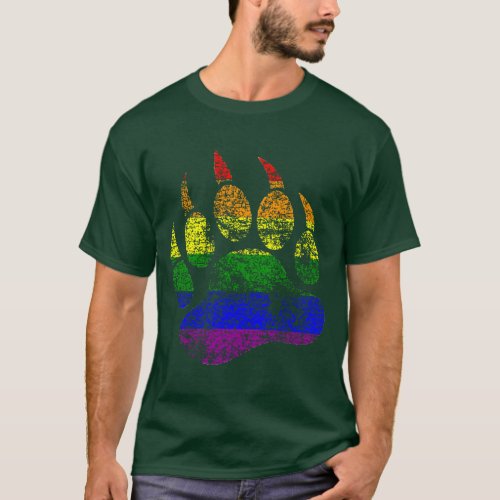 GAY BEAR Distressed Bear Paw Rainbow Flag T_Shirt
