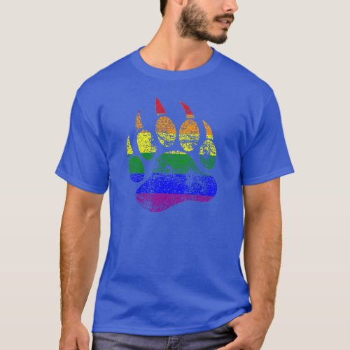 GAY BEAR Distressed Bear Paw Rainbow Flag T_Shirt