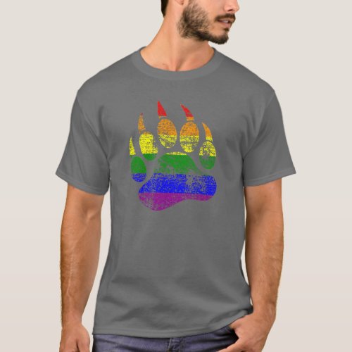 GAY BEAR Distressed Bear Paw Rainbow Flag T_Shirt