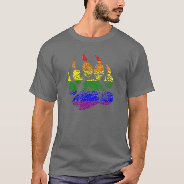 GAY BEAR Distressed Bear Paw Rainbow Flag T-Shirt (Front)