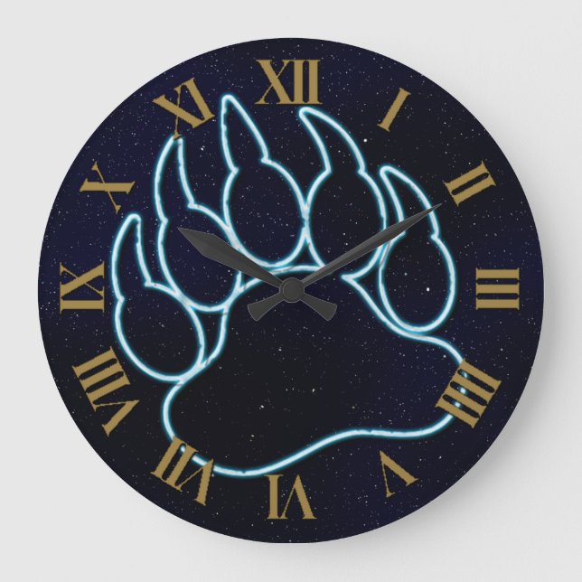 GAY BEAR PAW NEON BLUE ON STARRY MIDNIGHT BLUE LARGE CLOCK (Front)